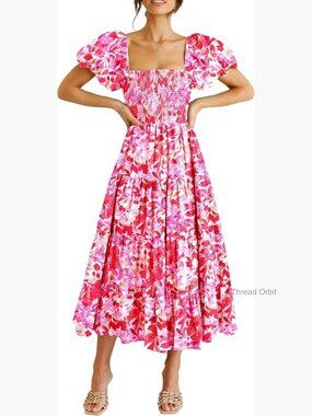 Women's Summer Midi Dress Puffy Sleeve Square Neck Smocked Tiered Ruffle